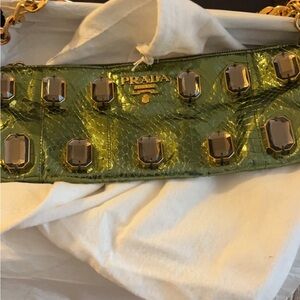 Prada Metallic Green Bag with Gold Accents